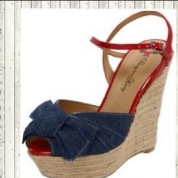 Penny Loves Kenny denim bow and red wedge shoes - Picture 1 of 11